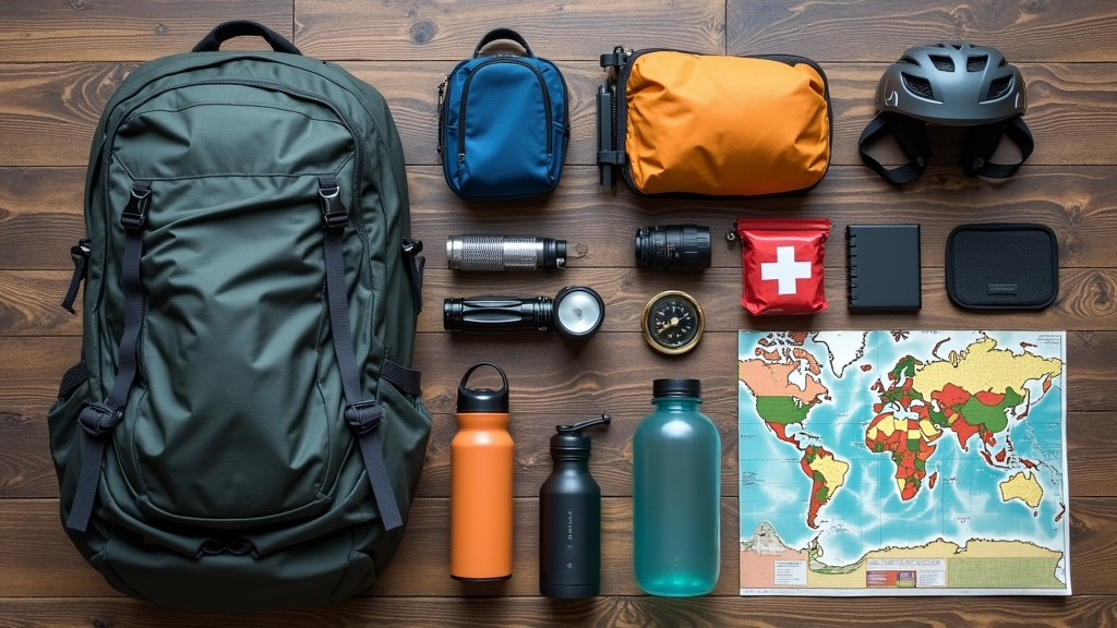Flat lay of backpacking gear arranged neatly on a wooden floor, including backpack, water bottle, first aid kit, headlamp, power bank, and travel journal.
